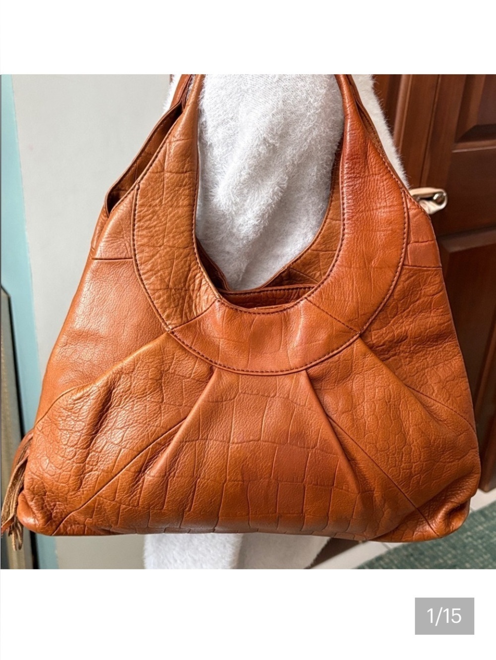 Sigrid Olsen hobo bag pleated shoulder bag leather Croc pattern 3 compartment